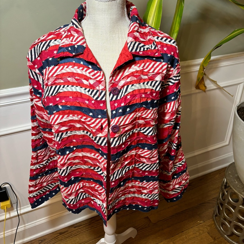 New direction wmn‎ sz large Americana light weight jacket strips of fabric vtg